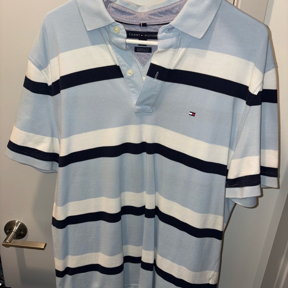 Tommy Hilfiger Men's Light Blue and Navy Striped Polo